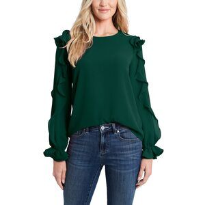CeCe Long Sleeve Blouse with Ruffle Sleeve Detail Alpine Green MD